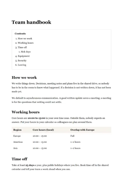 First page of the Handbook template