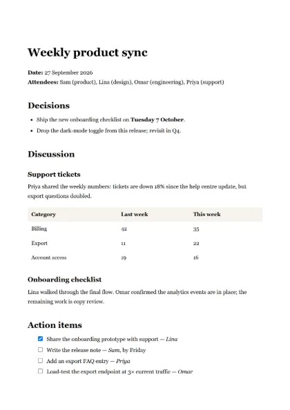 First page of the Meeting notes template