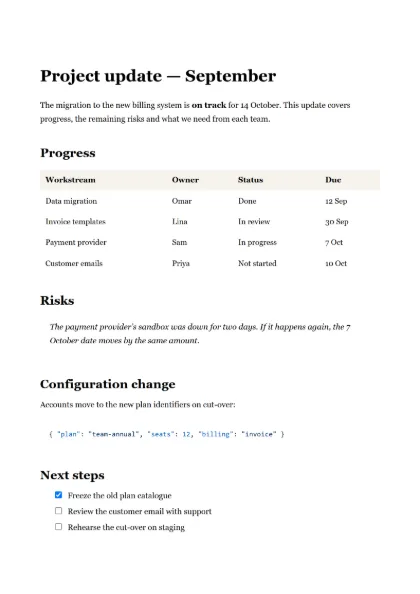 First page of the Project update template