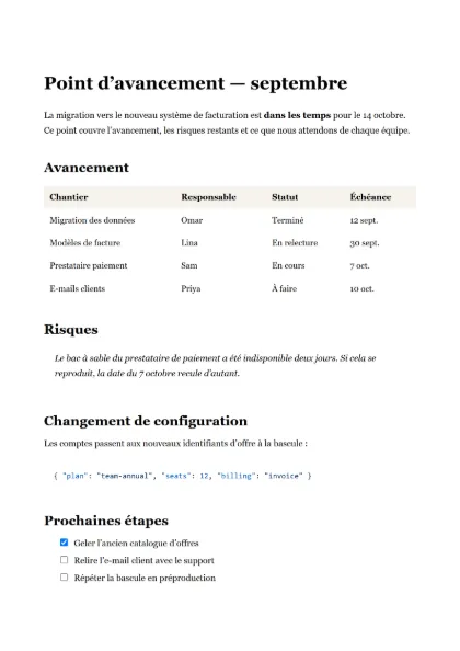 Première page du modèle Point d'avancement