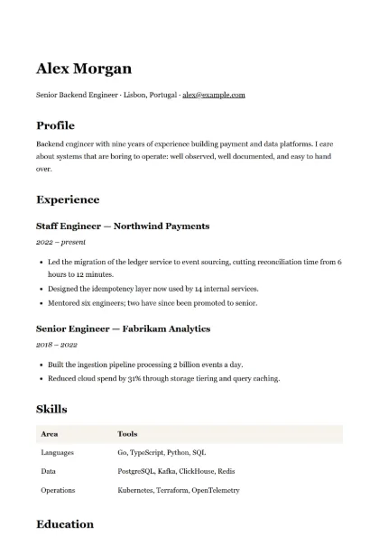 First page of the Resume template